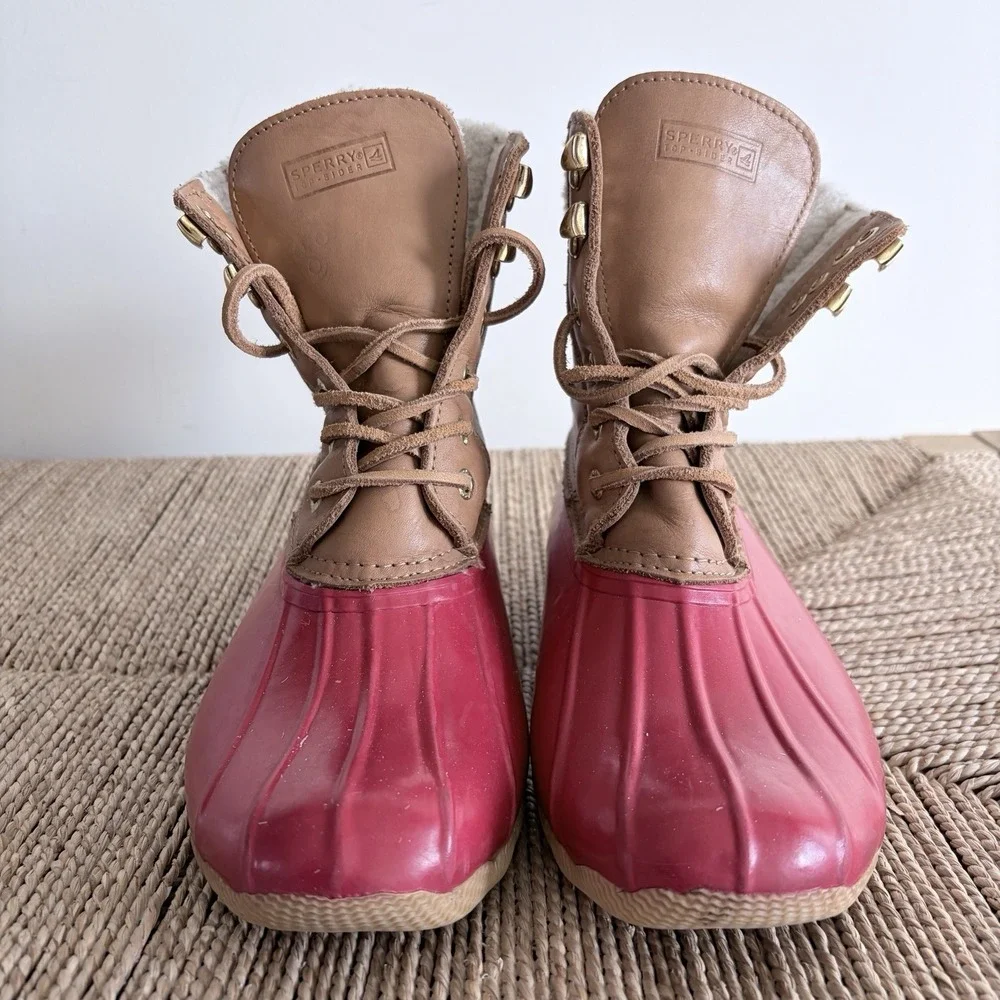 Sperry Top Sider Lace-Up Women Waterproof Duck Rain Rubber Boots Sz 8 Red NO ZIP